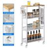 4-Tier Slim Rolling Cart on Wheels, 34" Wooden Tabletop Kitchen Storage Organizer Cart with Wire Mesh Baskets, Slide-Out Storage Cart for Kitchen, Bat